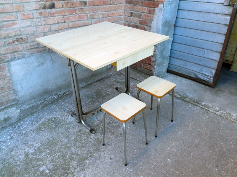 mesa plegable cocina+ taburete inox madera formica 78.5x80x40-80 1u 41.5x25x25 2u